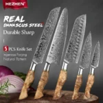 Hezhen 1-5pc conjunto de faca profissional aço damasco chef santoku pão utilitário aparar faca de cozinha para carne afiada faca de cozinha