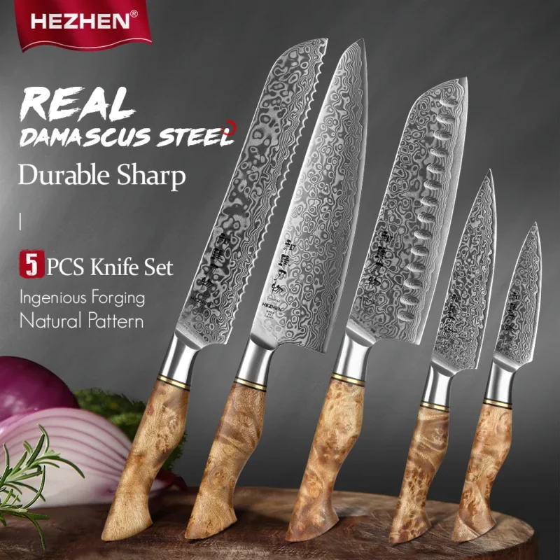 Hezhen 1-5pc conjunto de faca profissional aço damasco chef santoku pão utilitário aparar faca de cozinha para carne afiada faca de cozinha