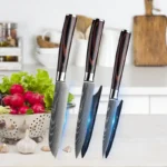 3 pçs conjunto de facas cozinha aço inoxidável 7cr17 440c laser damasco japonês santoku cutelo corte utilitário faca chef