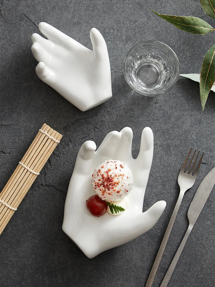 Pratos cerâmicos brancos criativos em forma de mão, pratos chineses em formato especial para hotel, clube especial, restaurante de alta qualidade, sobremesa, utensílios de mesa - Imagem 3