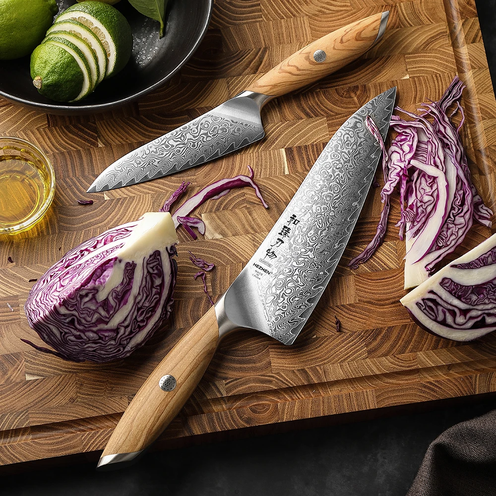 Hezhen conjunto de facas de cozinha afiadas, 1 peça ou 2 peças, 73 camadas de aço damasco em pó, núcleo de aço afiado, cabo de madeira de azeitona, caixa de presente - Imagem 6
