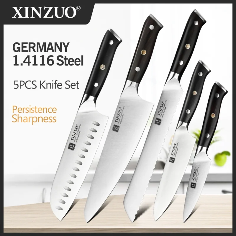 XINZUO-Conjunto De Facas De Aço Inoxidável, Chef, Utilitário De Pão, Santoku Petty Knives, Ebony Handle, Alemanha, 1.4116 Aço, Ferramentas de Cozinha, 1-5Pcs