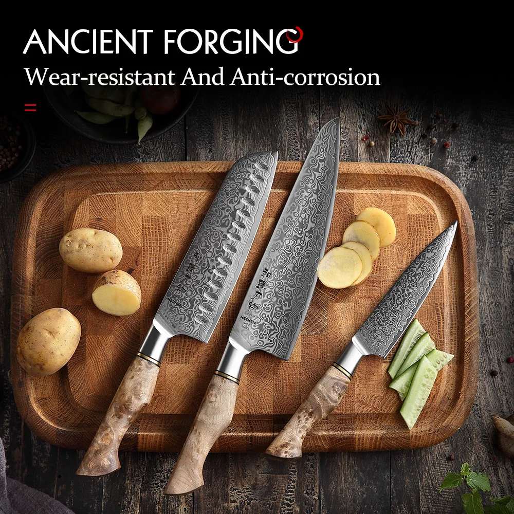 Hezhen 1-3pc conjunto de facas série mestre 67 camada aço damasco faca chef cozinha santoku utilitário ferramentas afiadas caixa presente embalagem - Imagem 4