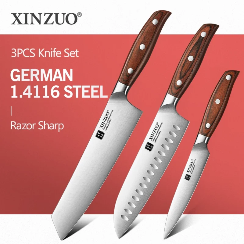 Xinzuo 1 peça-3 peças conjunto de facas de aço inoxidável utilitário santoku bunka facas de chef alemã1.4116 aço vermelho sândalo alças caixa de presente