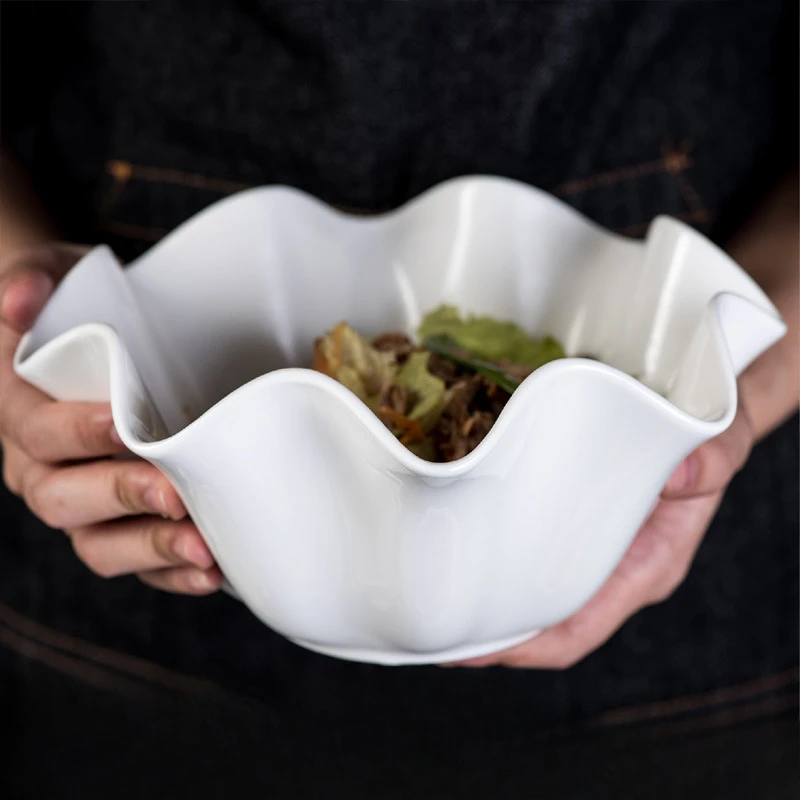 Tigela criativa de cerâmica branca pura com bordas roladas, prato de molho, sobremesa, frutas e vegetais, salada, talheres, decoração - Imagem 2