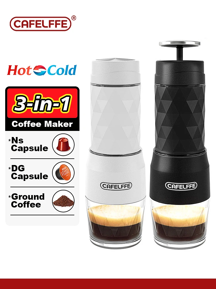 Cafelffe 3 em 1 máquina de café portátil água quente/fria manual máquina de café expresso para cápsula e imprensa mão moída brewer caminhadas viagem