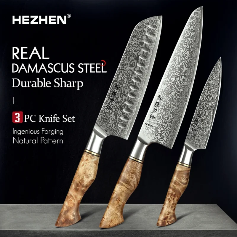 Hezhen 1-3pc conjunto de facas série mestre 67 camada aço damasco faca chef cozinha santoku utilitário ferramentas afiadas caixa presente embalagem