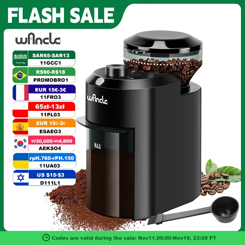 Wancle moedor de café elétrico ajustável moinho de rebarba cônico moagem de grãos de café com 28 configuração de moagem precisa 220v/120v