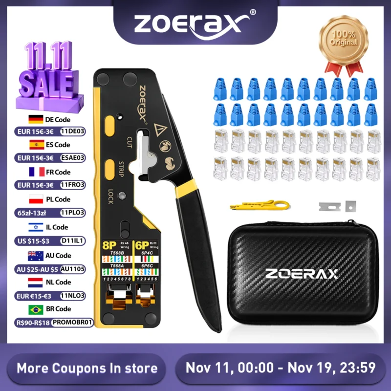 ZoeRax RJ45 Kit de ferramentas de rede com ferramenta crimper CAT6, 20 peças de conectores CAT6 CAT5 e tampas de plugue, mini descascador de fios, lâminas,