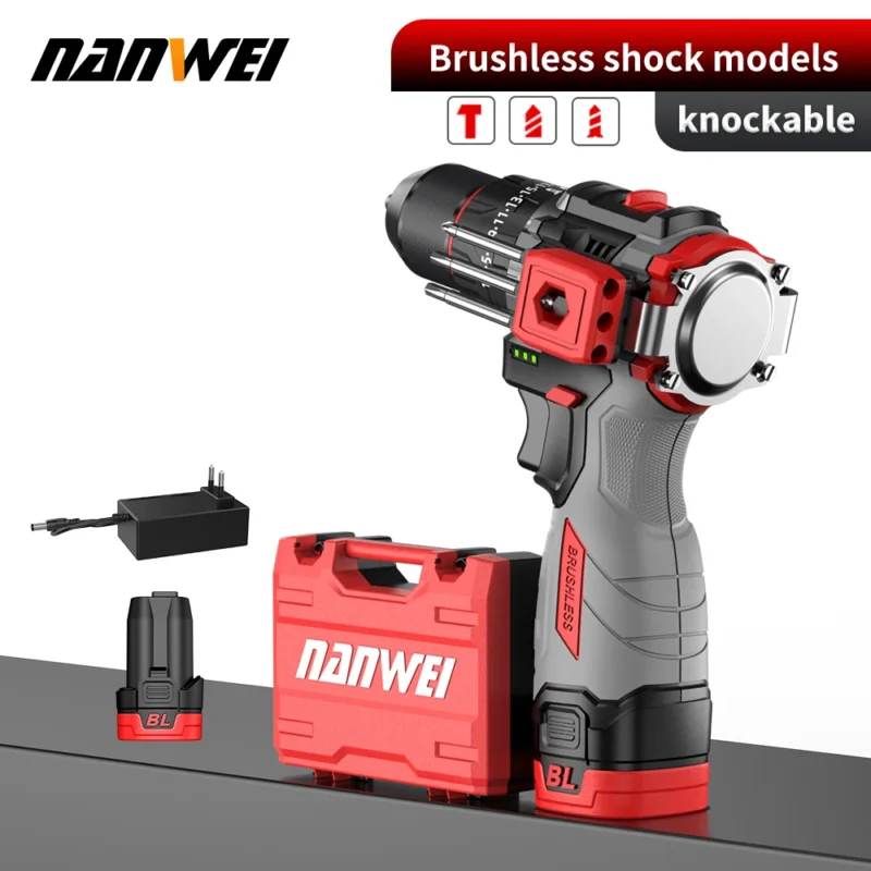 16.8V NANWEI Brushless Cordless Furadeira de impacto 45NM DIY Home Chave de fenda elétrica Broca de percussão