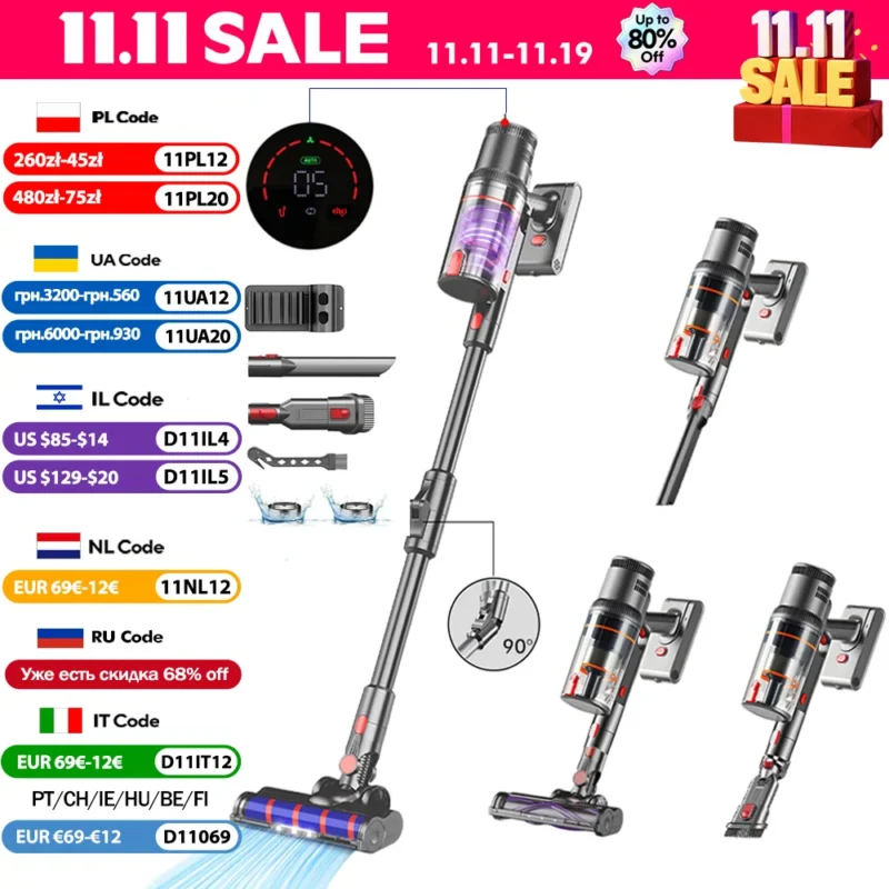 Armo S16 Aspirador sem fio 45kPa 500W Power 6 em 1 Aspirador sem fio LED, Tela inteligente LCD, 90° Dobrável 55 minutos de tempo de trabalho, Máquina de esfregar varredor portátil