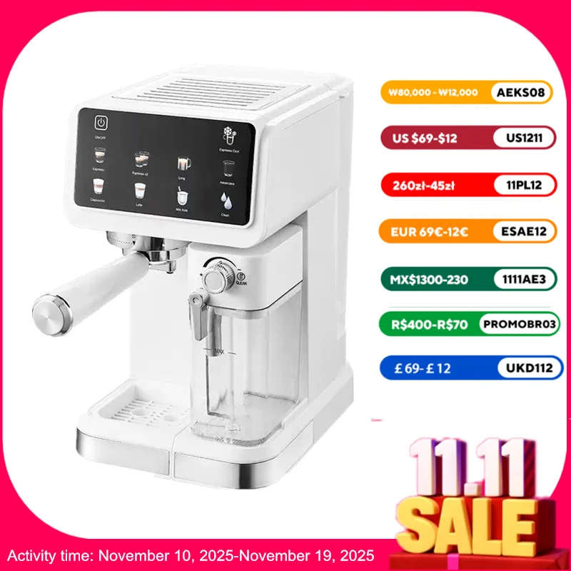 Máquina de café com tela sensível ao toque 220v, para casa, 20bar, máquina de café expresso com batedor de leite, cafeteira automática, economia de energia