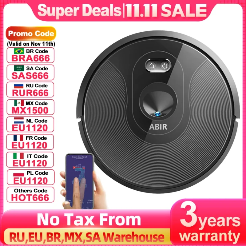 (Código: BRA666) Robô aspirador de pó ABIR X6 com navegação visual tripla, sucção 6000pa, software de parede virtual, limpeza de zona, desinfecção com esfregão úmido, memória de mapa, compatível com Alexa, Google Home