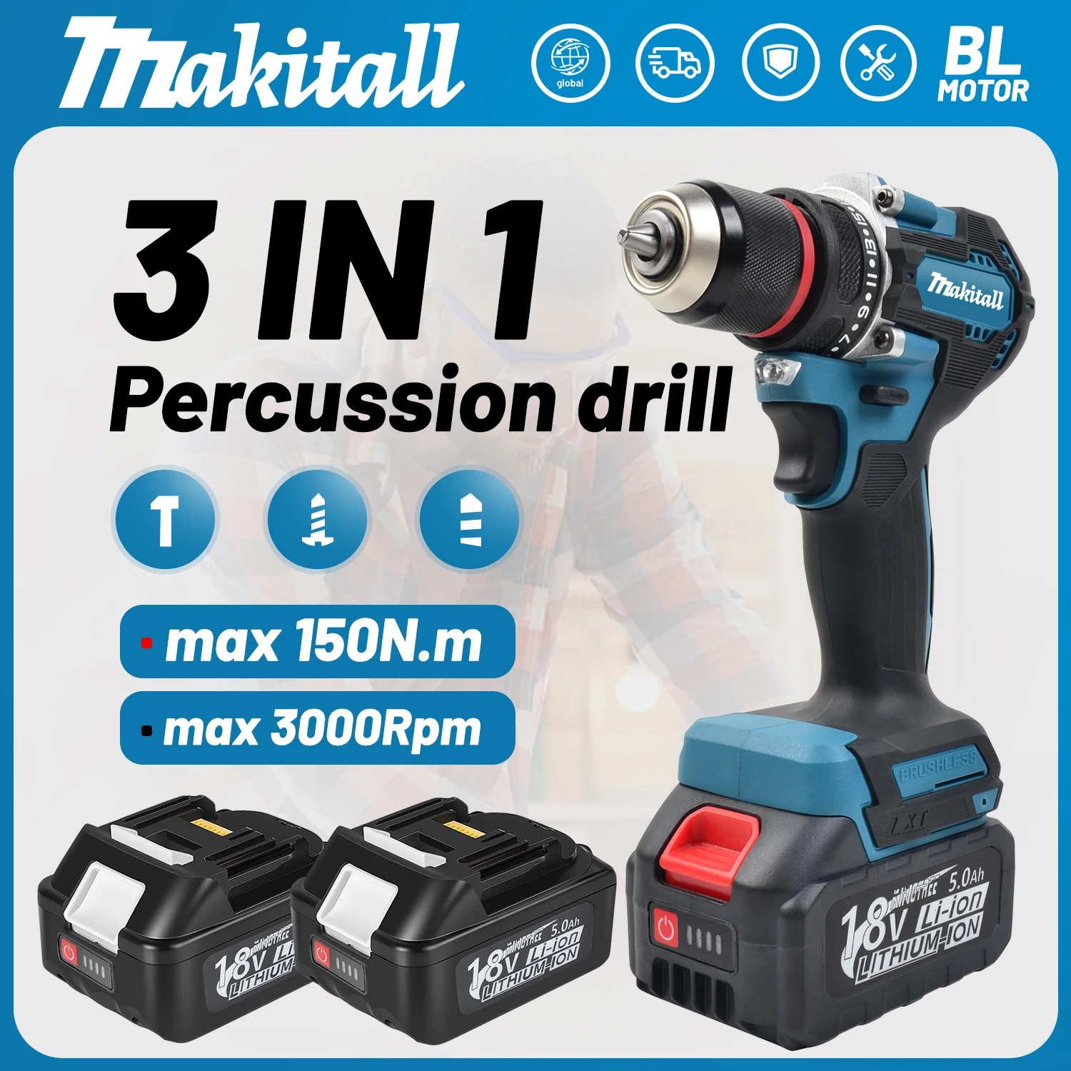 Ddf487 chave de fenda sem fio broca percussão elétrica velocidade variável sem escova impacto ferramentas elétricas broca para makita18vbattery pino