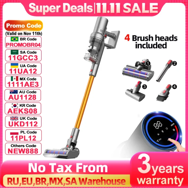 (Código promocional: NEW888)Aspirador de Pó Portátil Sem Fio ABIR VC205, 27000PA, Sensor de Poeira Inteligente, Tela de Toque LED, Controlo Automático de Velocidade, Eliminador Portátil de Ácaros