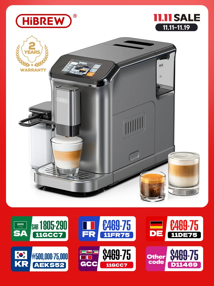 HiBREW-Máquina De Espresso Totalmente Automática, Sistema De Leite Cappuccino, 6 Varisles De Café, Display De Toque Intuitivo Com Moedor, H16