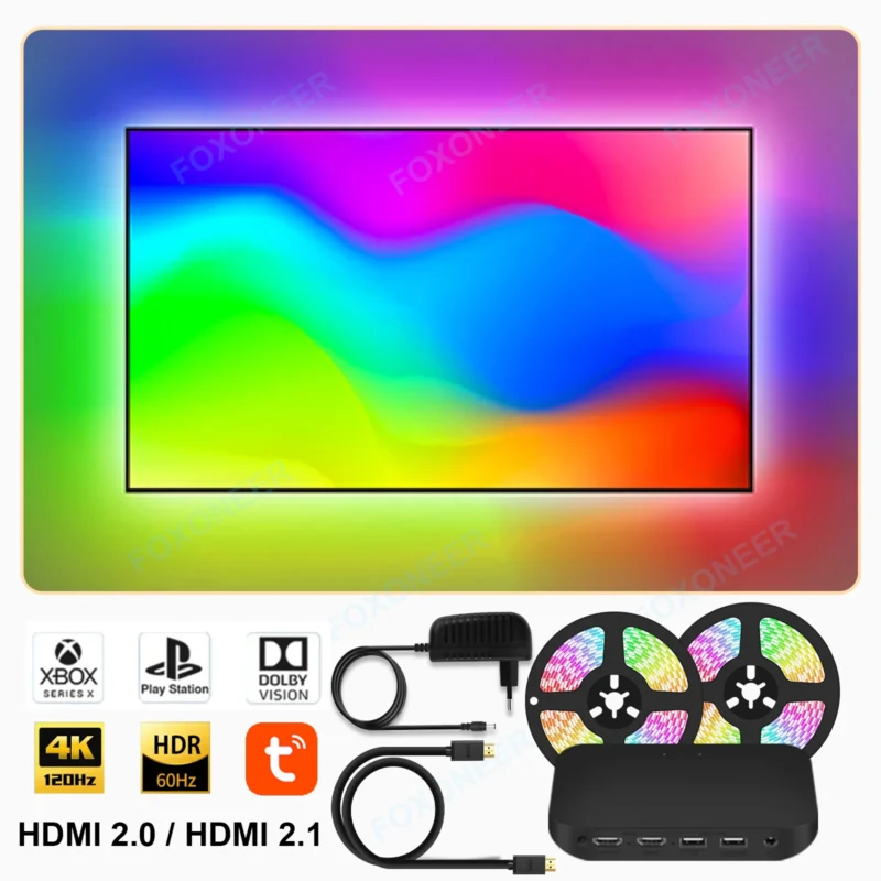 Luz de fundo led para tv ambiente inteligente, para 4k, hdmi 2.1, caixa de sincronização, kit de luzes de tira led, wi-fi, alexa, voz, google assistant, controle