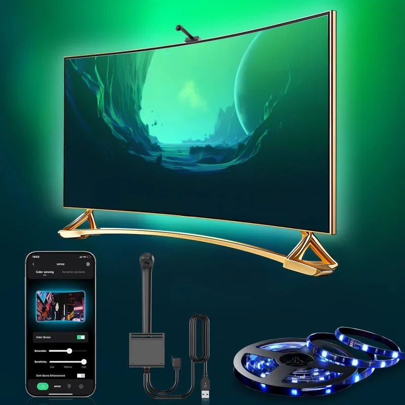 EISSLOLY Nova faixa de luz de fundo de TV LED inteligente com sensor de cor AR-Iluminação ambiente RGB para telas de 55-85 ", controle de aplicativo e sincronização de música